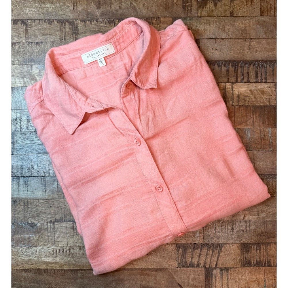 Side Stitch Peach Pink Textured Stripe Button Down Shirt Womens 1X A640298